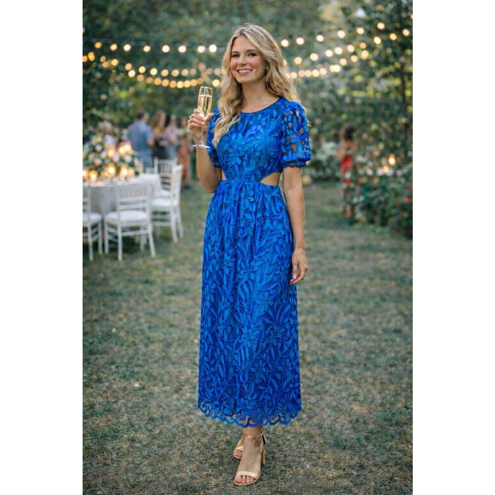 ML Monique Lhuillier London Topaz Guipure Lace Cutout Maxi Dress Blue 12 NWT
